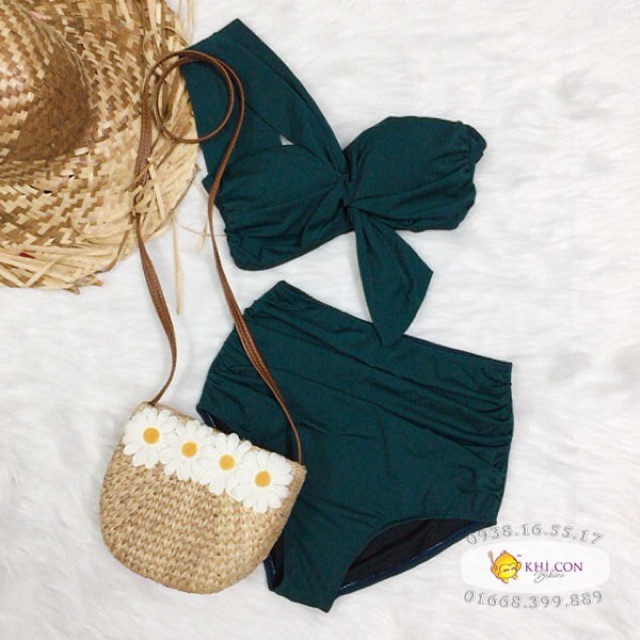 Bikini 2 mảnh, đồ bơi lưng cao, áo quả ngang lệch vai nâng ngực sành điệu