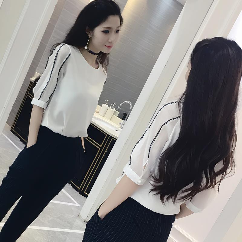 Mới Áo Sơ Mi Chiffon Cổ Tròn Tay Lỡ Dáng Ôm Thời Trang Mùa Hè Cho Nữ 2021