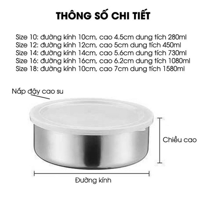 Set 5 bát inox đựng thức ăn có nắp đậy silicon