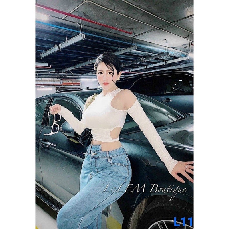 Áo thun kiểu tay dài cổ tròn phối khoét vai khoét eo buộc dây cá tính sexy chất thun lụa mềm mịn mát