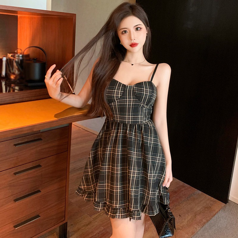 Đầm Hai Dây Họa Tiết Sọc Caro Phong Cách Hàn Quốc Thời Trang Mùa Hè Cho Nữ