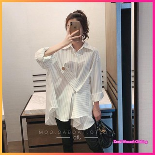 Áo Sơ Mi Nữ Kiểu Thiết Kế Tay Dài Dáng Rộng Kẻ Sọc Cúc Chéo Ulzzang