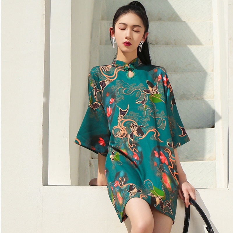 Sườn xám cách tân nữ hán phục đầm sườn xám truyền thống dáng xuông ngắn hoa xanh mùa thu từ 45--70 kg