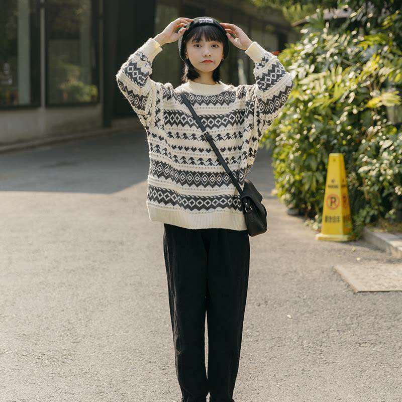 Áo len dáng rộng cổ tròn kiểu học đường phong cách Harajuku cổ điển mới dành cho nữ