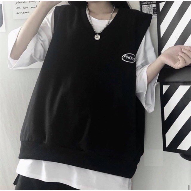 Áo gile logo phoxe unisex - Thun kiểu form rộng tay lỡ màu đen cá tính đường phố hàn quốc nam nữ ulzzang