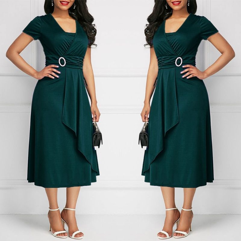 Xiangbao Đầm Midi Tay Ngắn Dáng Dài Xếp Nếp Đính Đá Không Đối Xứng Kích Thước Lớn Cho