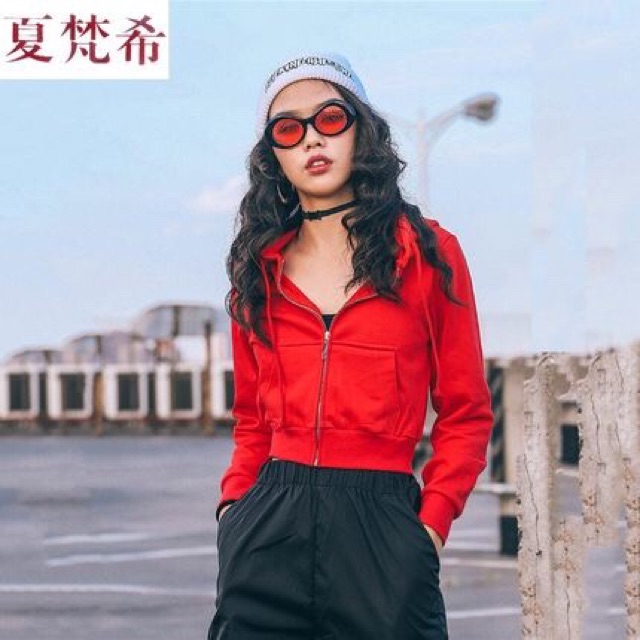 Áo khoác nỉ dài tay có mũ croptop nhiều màu