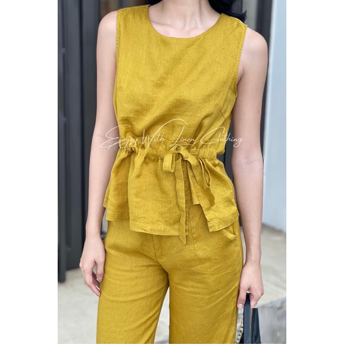 Set bộ linen quần đứng kèm áo ghile nhún bèo trẻ trung, thời trang phong cách trẻ