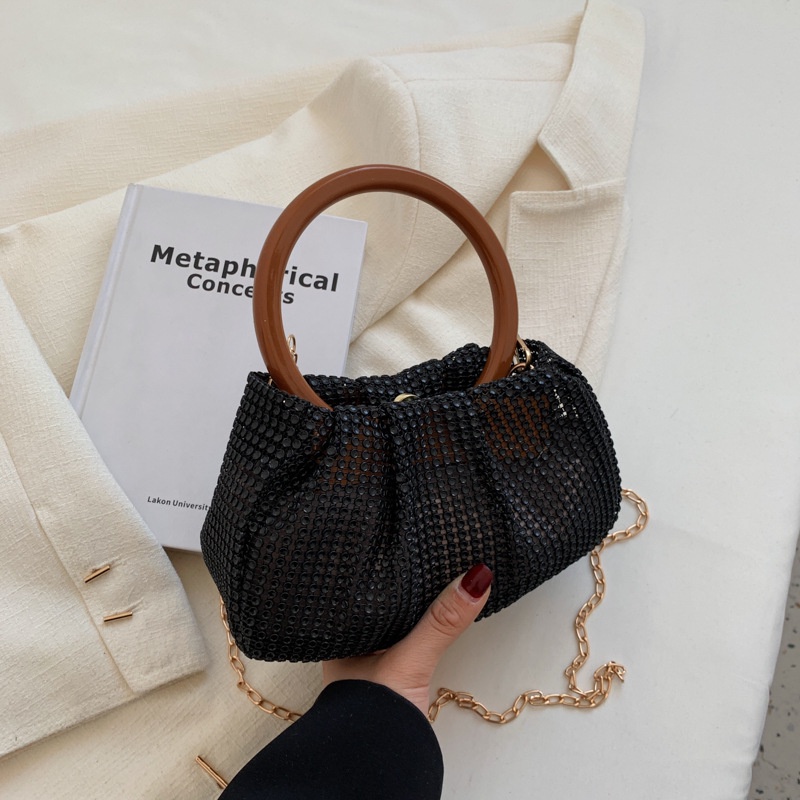 Túi Xách Mini Đeo Vai Hình Đám Mây Xếp Gọn Đính Đá Lấp Lánh Có Tay Cầm Bằng Gỗ Cho Nữ