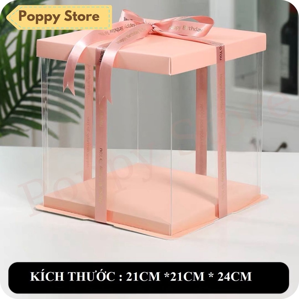 Hộp đựng bánh kem sinh nhật, hộp nhựa mica có nắp, màu cam pastel dễ thương, tặng kèm ruy băng - POPPY STORE