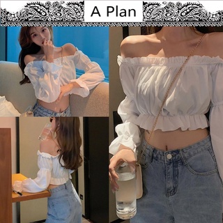 Áo Kiểu Trễ Vai Tay Phồng Hở Rốn Phối Nút Thời Trang Dành Cho Nữ