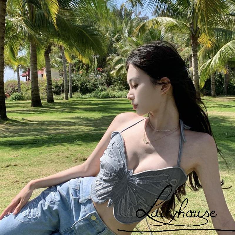 Áo Croptop Hai Dây Không Tay Hở Lưng In Hình Bướm 3D Màu Xanh Dương Thời Trang Mùa Hè Cho Nữ