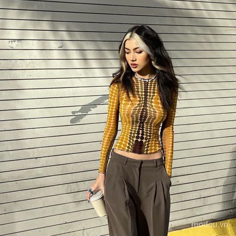 Thời Trang Áo Thun Tay Dài Cổ Tròn Hoạ Tiết Chấm Bi Cho Phái Nữ