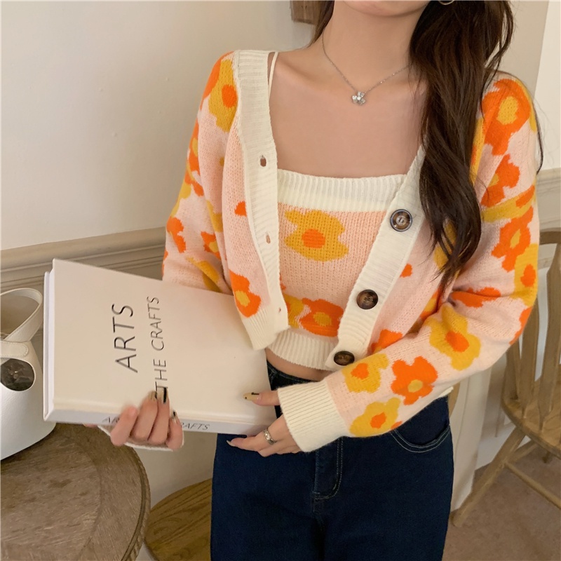 Porozi  Áo cardigan ngắn tay dài/ áo hai dây  dệt kim phong cách Hàn Quốc cho nữ