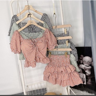 Sét caro áo chân bèo có mút ngực + váy nhúng body chân bèo