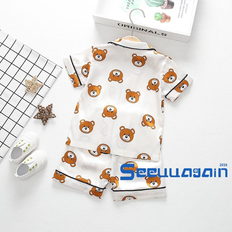 ❥☀✿SEEChildren Cartoon Bear Two-piece Pajamas Girls Short Sleeve Lapel Top with Button Elastic Waistband Shorts Set