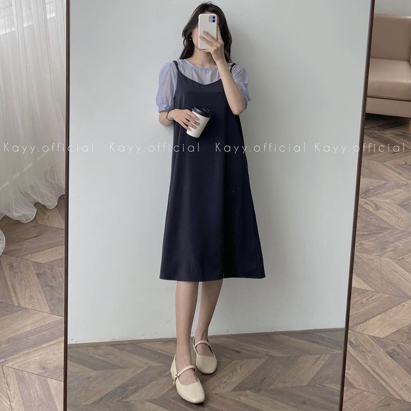 Váy Nữ 2 Dây Dáng Xòe- Kèm Áo Chấm Bi M085