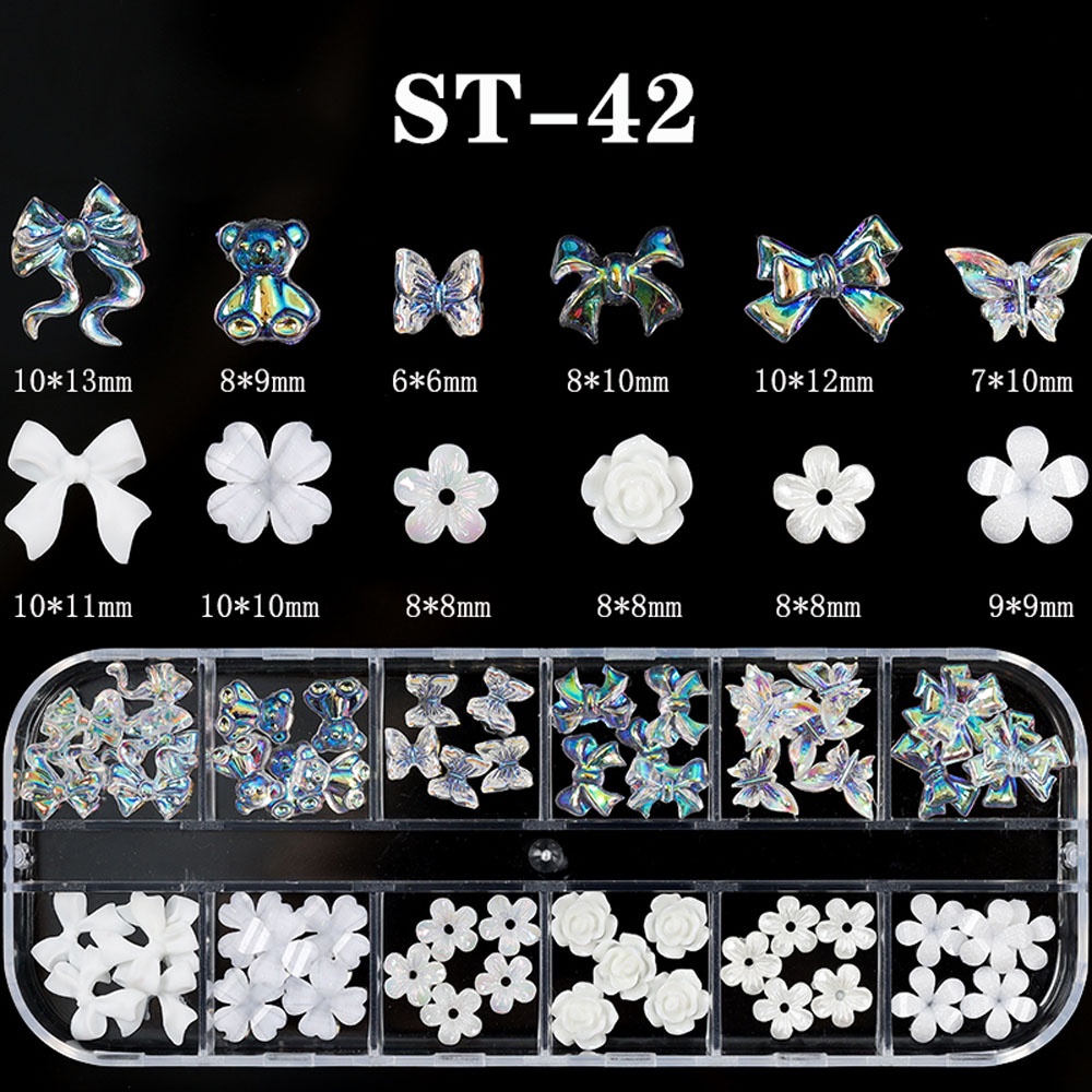 [Hàng mới về] Hộp 12 ngăn hoa resin nơ ruy băng váy gấu bướm AB màu kẹo trang trí móng cho salon