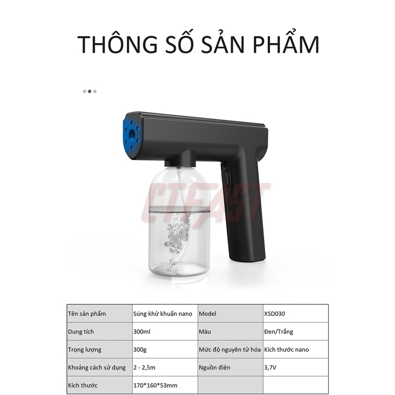 Máy phun khử trùng nano cầm tay CTFAST - 05, khử trùng gia đình tích điện, kết hợp ánh sáng xanh an toàn