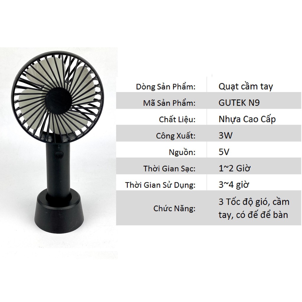 Quạt Cầm Tay Gutek Minifan 3 Tốc Độ Gió Với Pin Sạc Tích Điện , Tặng Kèm Dây Đeo Và Chân Để Bàn , Hàng Chính Hãng