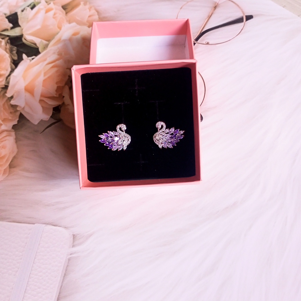 Bông tai bạc 925 thiên nga đính đá zircon tím, vàng, hồng