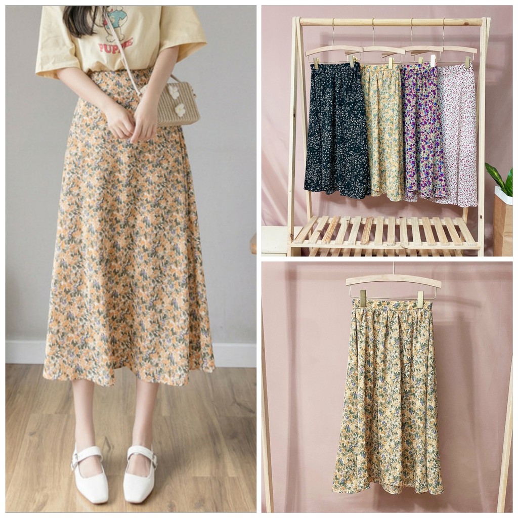 Chân Váy Hoa Nhí Vintage Nhiều Màu Chất Liệu Voan Nhật - Chân Váy Dài Hoa Nhí Vintage CV18