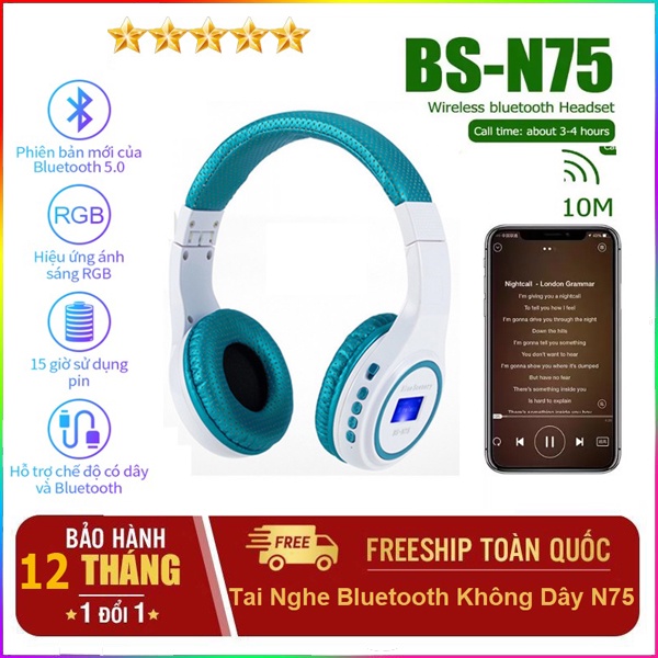 ♫Nghe Nhạc + Chơi Game♫ Tai nghe bluetooth headphone không dây chụp tai N75,có mic ,chơi game, nghe nhạc liên tục 8H