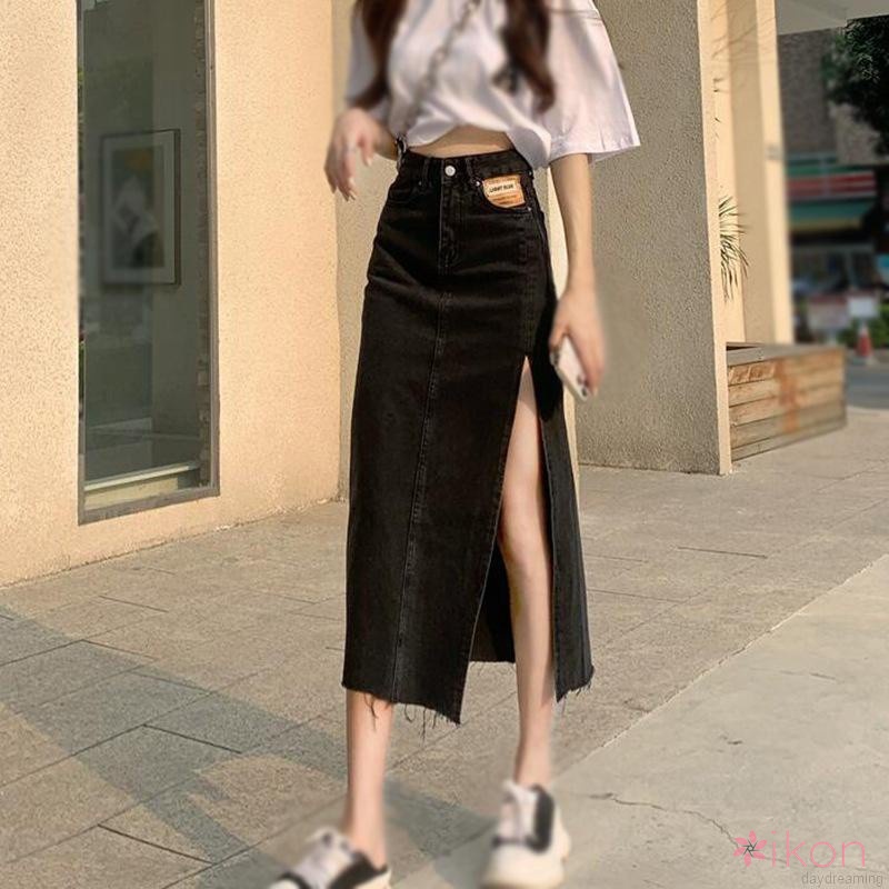 Chân váy jean Lưng Cao Xẻ Tà Phong Cách Vintage