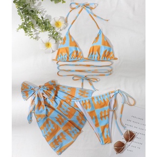 Set bikini 3 món xanh blue mix cam đan dây eo kèm khăn hông