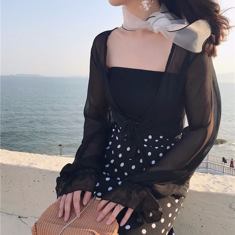 Áo khoác cardigan vải voan tay phồng thiết kế thanh lịch cho nữ F802