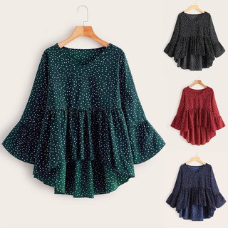 ❦Bsjstore❦Áo Peplum Tay Phồng Cổ Chữ V In Chấm Bi Thời Trang Thường Ngày Cho Nữ