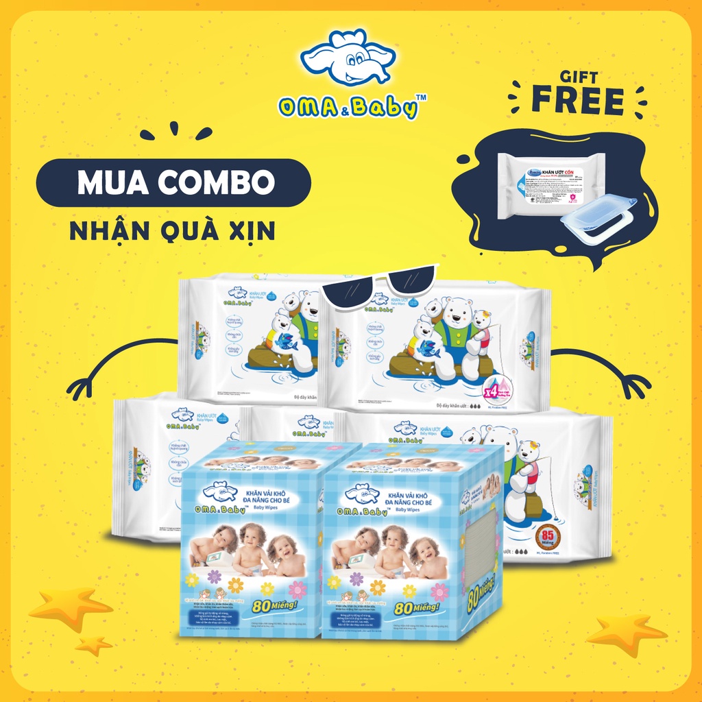 Combo 2 Hộp Khăn Sữa Đa Năng Cho Bé Và 5 Gói Khăn Ướt Kháng Khuẩn Tinh Khiết Với Tinh Chất Dưỡng Ẩm Oma&Baby Không Mùi