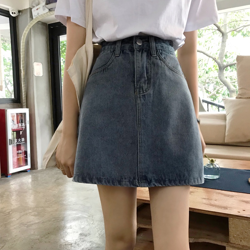 Chân váy jean denim ngắn chữ A Chân váy bò ngắn Lưng cao Hàn Quốc Thiết kế Retro Vintage Thời trang