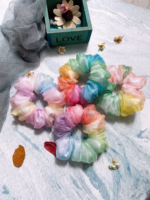 {Ảnh thật} SCRUNCHIES LƯỚI CẦU VỒNG 7 SẮC, CỘT TÓC VẢI THỜI TRANG