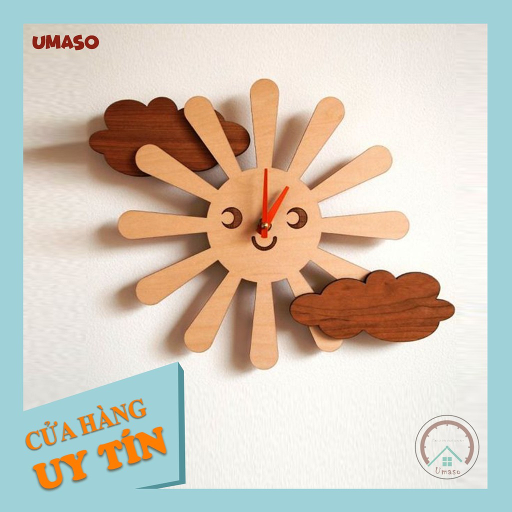 Đồng hồ trang trí treo trường đồng hồ decor kim trôi đẹp hình mặt trời UMASO [Tặng kèm móc treo và Pin]