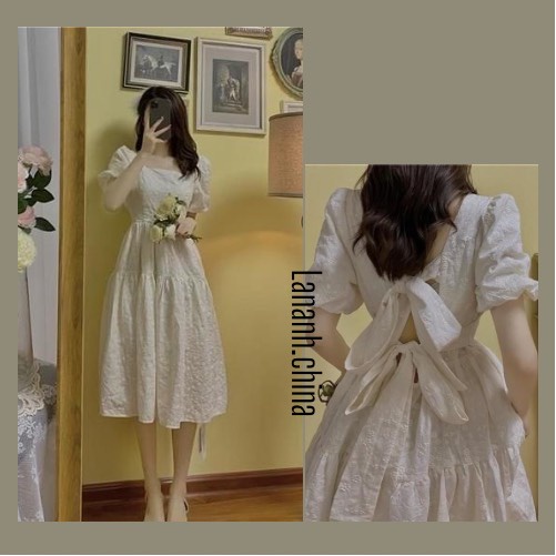 Váy Đầm Xinh Thắt Nơ Cách Điệu Tay Bồng Dáng Dài , Đầm Búp Bê Xẻ Lưng