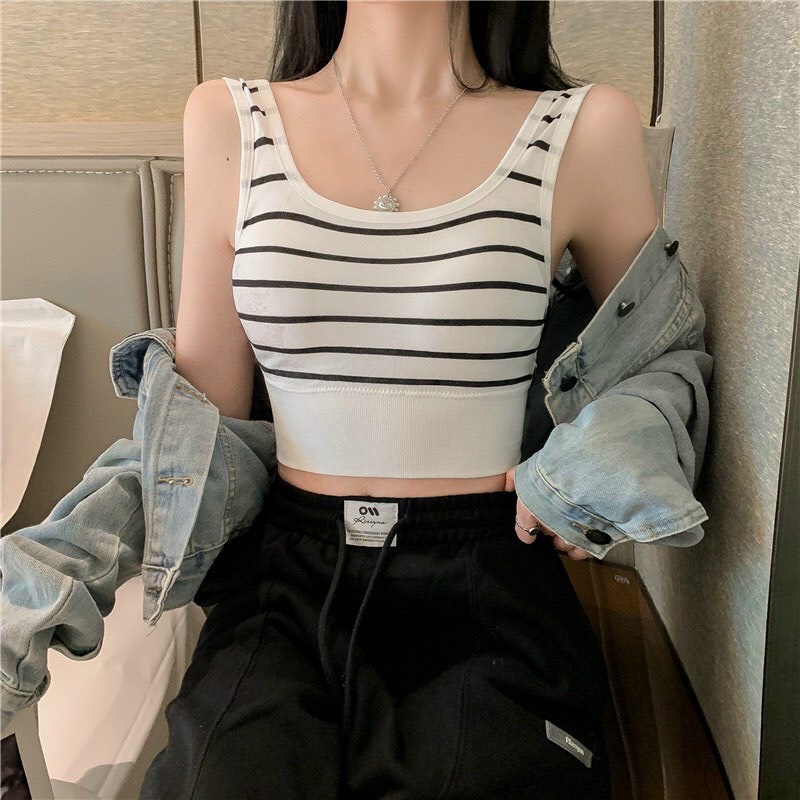 Mới - Áo bra kẻ đen trắng sẵn đệm ngực phong cách Hàn Quốc