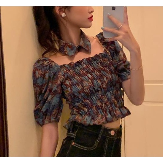 AMOI Áo Kiểu Tay Phồng Cổ Vuông Họa Tiết Hoa Phong Cách Retro Hàn Quốc