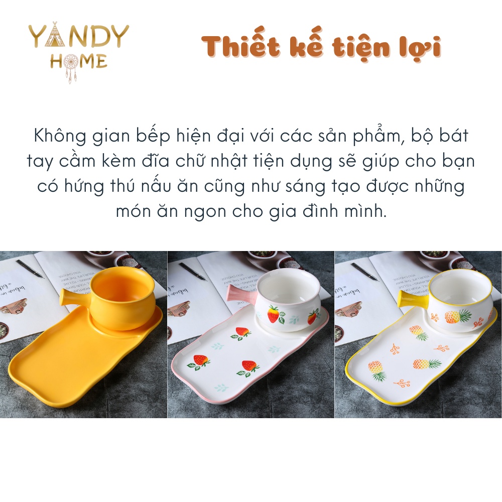 Bộ bát sứ có tay cầm kèm đĩa chữ nhật YANDY HOME BB08 quánh có dĩa gốm men cao cấp