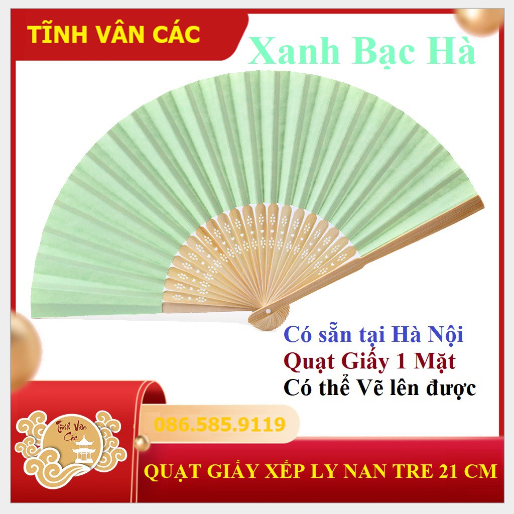 Quạt giấy xếp ly nan tre mini Tĩnh Vân Các màu xanh bạc hà