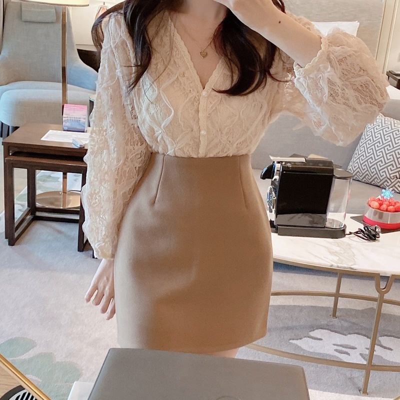 Áo sơ mi tay dài cổ chữ v phong cách Hàn Quốc thanh lịch cho nữ