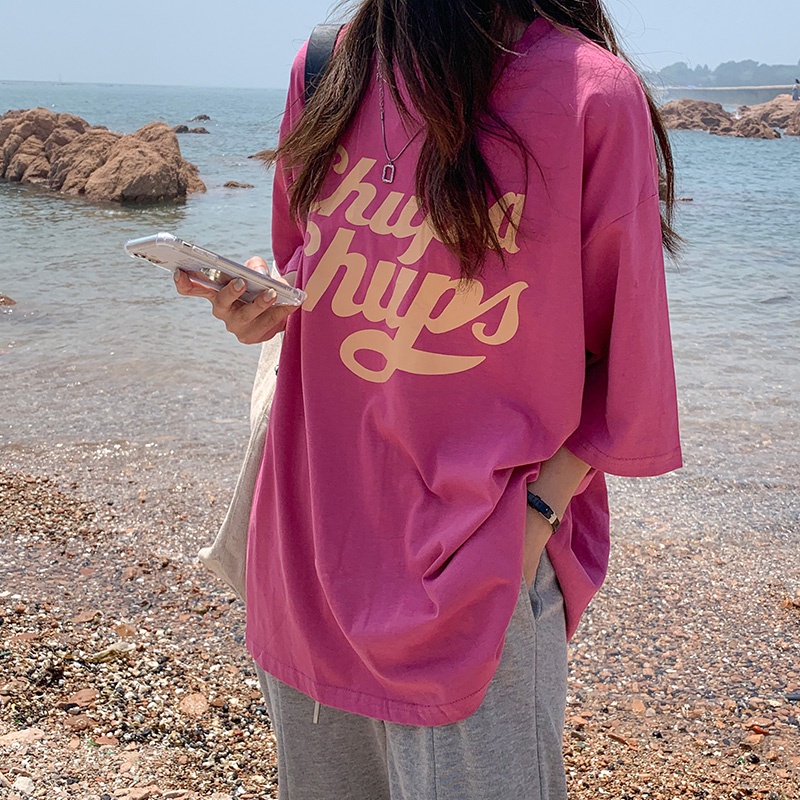 Áo thun SUXI tay ngắn cổ tròn dáng rộng in chữ thời trang mùa hè cho nữ