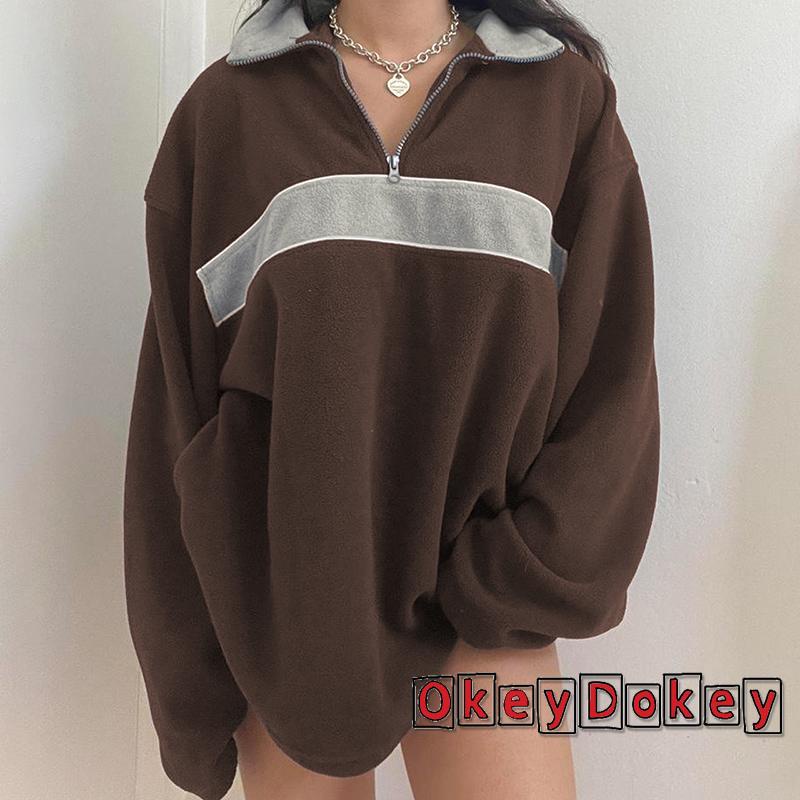 Áo Sweater ODokey-y2k Tay Dài Cổ Bẻ Dáng Rộng Có Khóa Kéo Thời Trang Thu Đông Cho Nữ