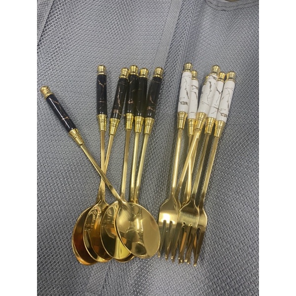 Sét 2 muỗng thìa cà phê rĩa hoa quả inox 304 vàng phong cách Bắc Âu