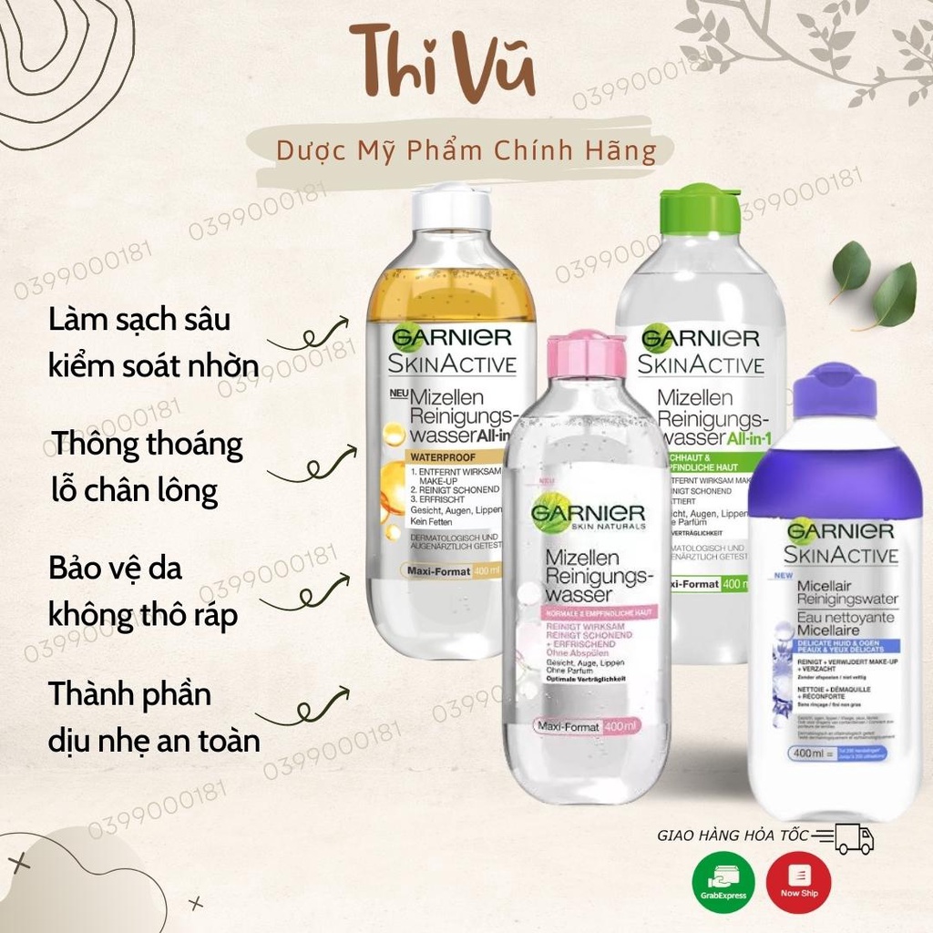 Nước tẩy trang Garnier 400ml, nước tẩy trang cho mọi loại da - Thi Vũ