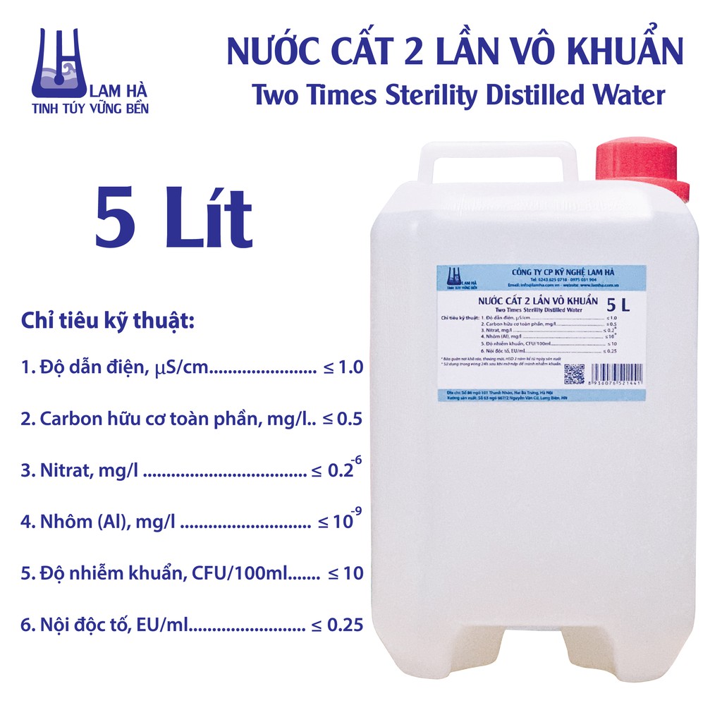 Nước cất 2 lần vô khuẩn can 5 lít