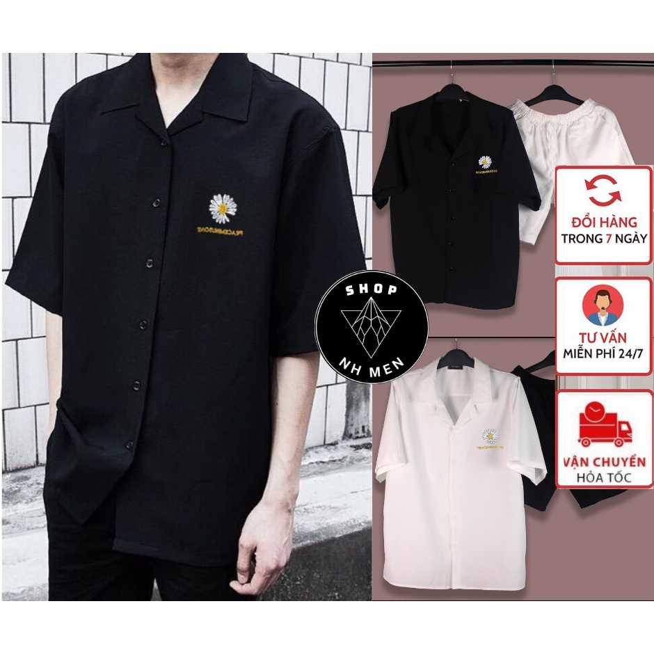 Set Áo Sơ Mi Nam Nữ Form Rộng THÊU Hình Hoa Cúc Basic Unisex Ngắn Tay Trắng Đen Cổ VEST & Quần Short KAKI (NH MEN)