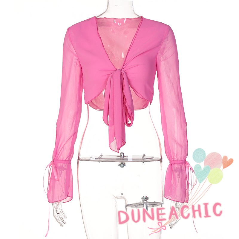 DUNEA Áo Kiểu Tay Dài Cổ Chữ V Thắt Nơ Thời Trang Nữ Tính