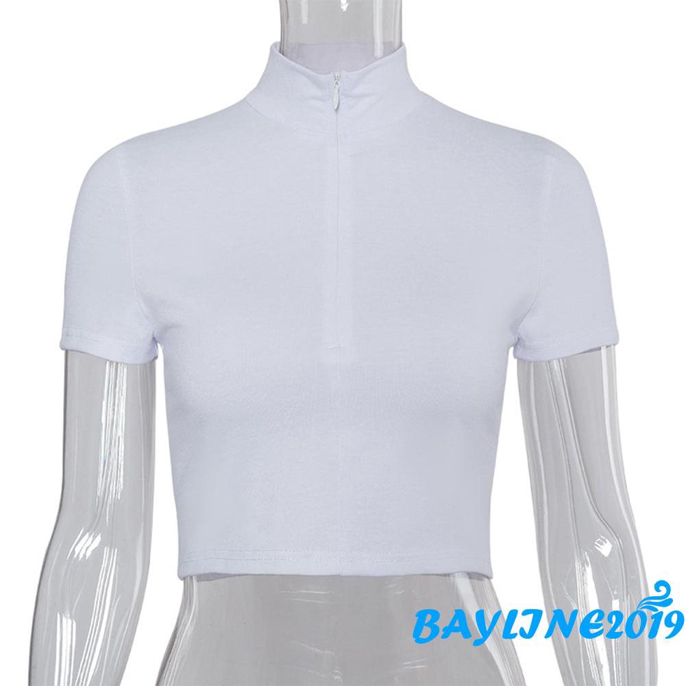 Áo kiểu crop top tay ngắn phối khóa kéo phía trước quyến rũ thời trang cho nữ