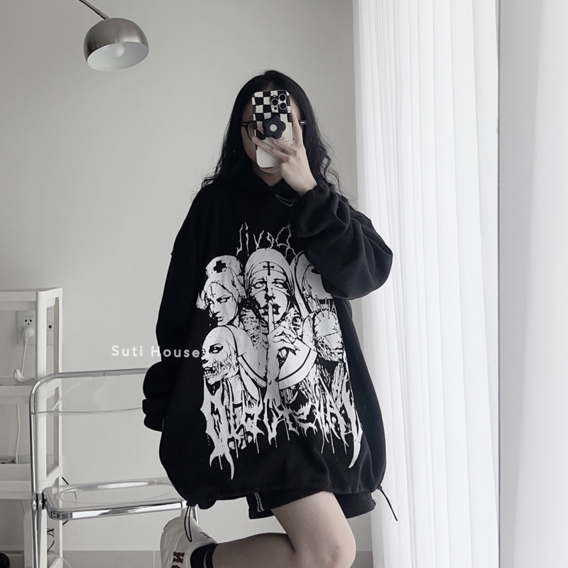 Áo Hoodie DEVIL màu đen bo rút form rộng Unisex - Suti House GODMOTHER